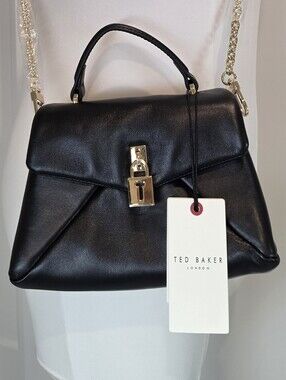 Ted Baker London Black Leather Satchel with Gold Hardware